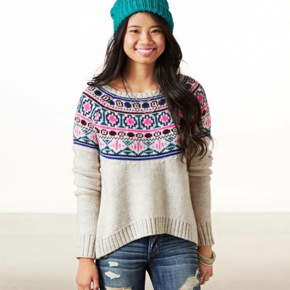 American Eagle Multicolor Off The Shoulder Wool Blend Aztec Print Sweater XS